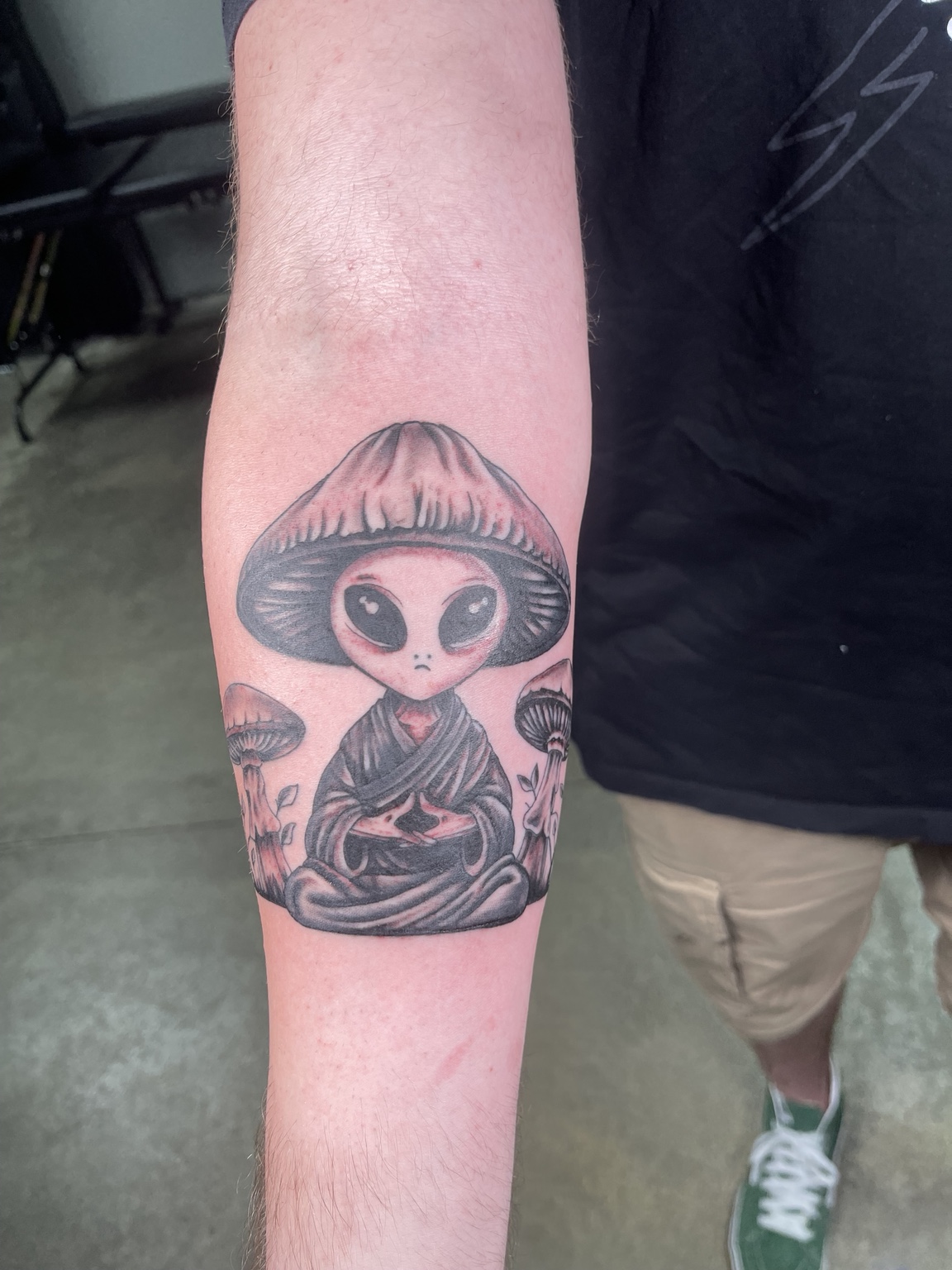 Mushroom character forearm tattoo fourth view