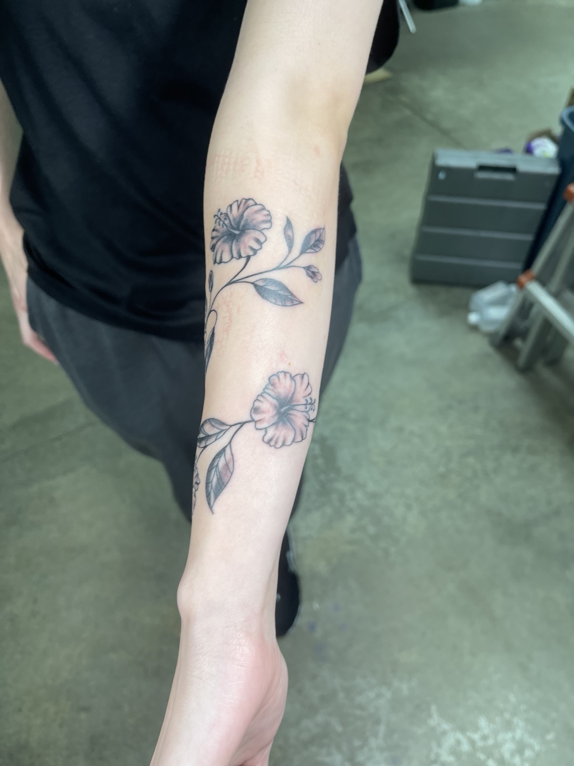 Floral forearm tattoo, alternate view