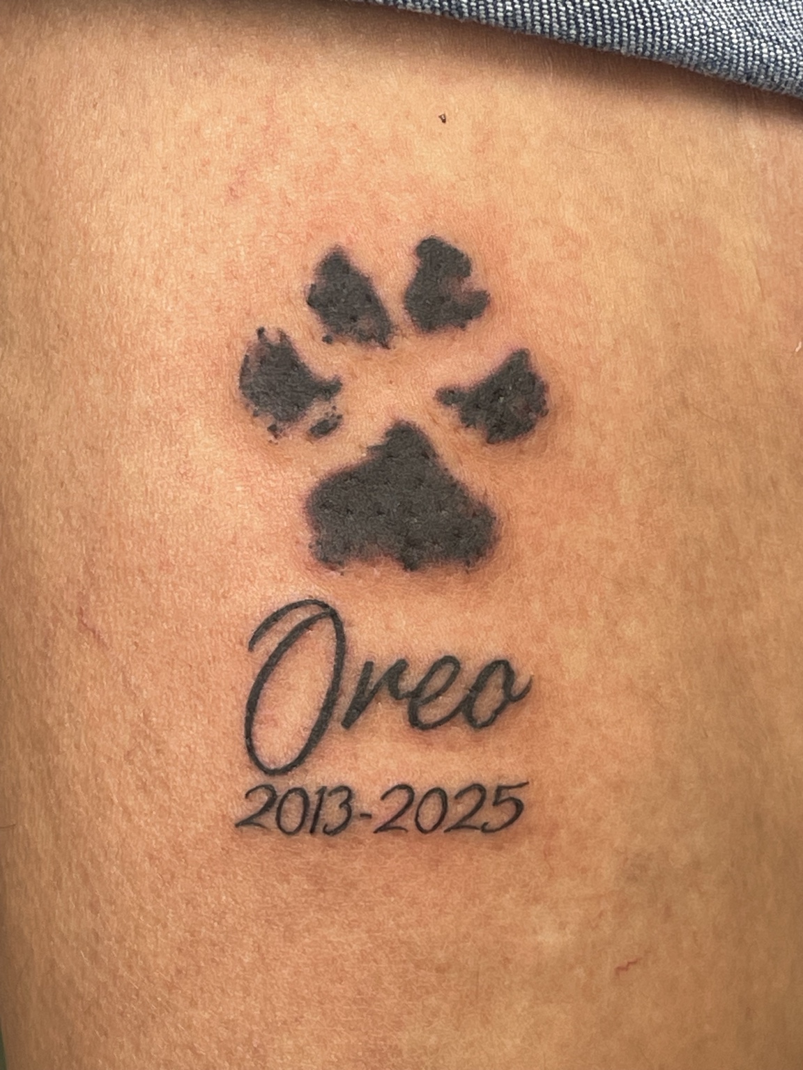 Small paw print memorial tattoo with name and dates